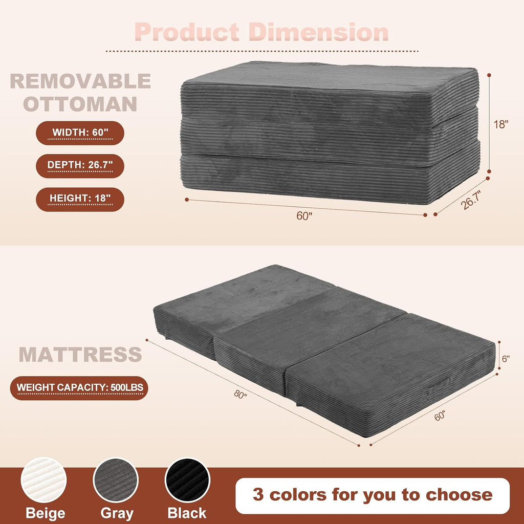 6-Inch Tri-Fold Foldable Mattress, Folding Sofa Bed with Removable Washable Cover, Portable Futon Mattress Full Size Floor Guest Mat with Non-Slip Bottom & Carry Handles for Camping (Grey, Queen)