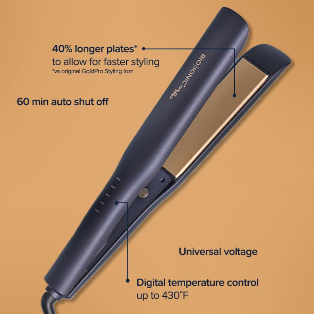 Bio Ionic GoldPro Hair Straightener, Blue, Moisturizing Heat Technology & 24K Gold MX, Hair Straightening Iron for Sleek Styles & Flat Iron Curls, 40% Longer Plates, Adjustable Heat