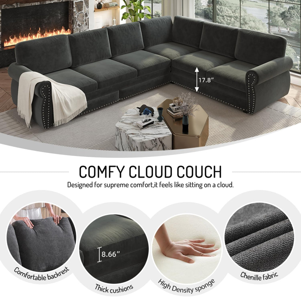 88.2' Sectional Sleeper Sofa with Pull Out Bed - Oversize L-Shaped Convertible Sleeper Couch Bed, Button Tufted Chesterfield Sofa, Chenille Vintage Couches for Living Room(4-Seater, Dark Grey)