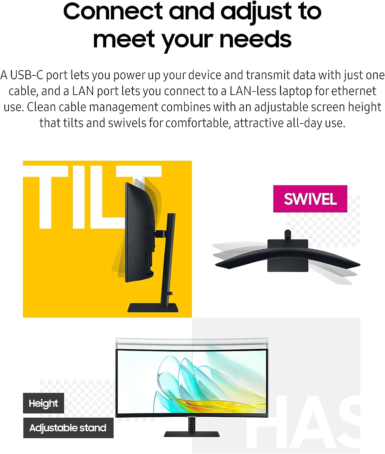 SAMSUNG 34' ViewFinity S65UA Series Ultrawide QHD Curved Monitor, HDR10, 100Hz, 350 nit, USB- C, Adjustable Stand, Intelligent Eye Care, LS34C650UANXGO, Black
