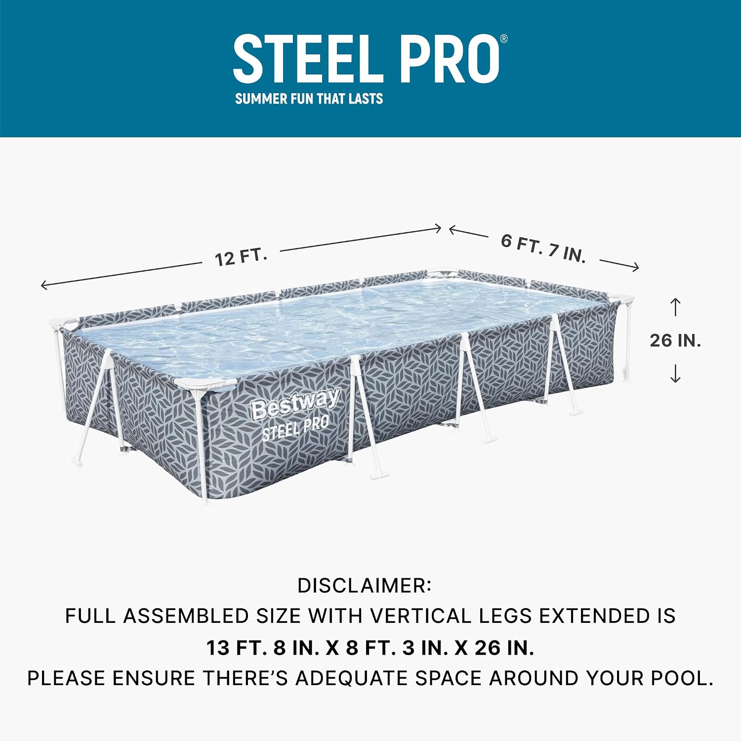 Bestway Steel Pro 12' x 6' 7' x 26' Rectangle Above Ground Outdoor Swimming Pool Set with DuraPlus Liner and FrameLink System, Gray