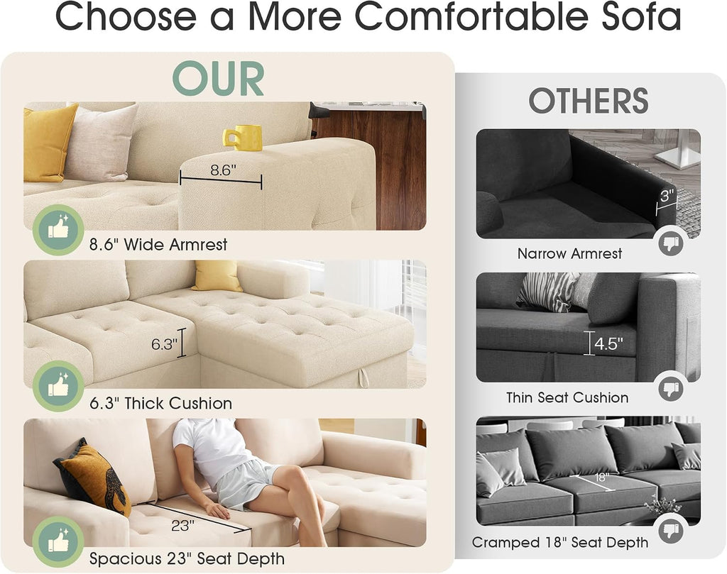 VanAcc 96' Sofa Bed Couch with Storage Chaise, Convertible Sleeper Sofa, Sleeper Couch with Pull Out Bed for Living Room(Beige)