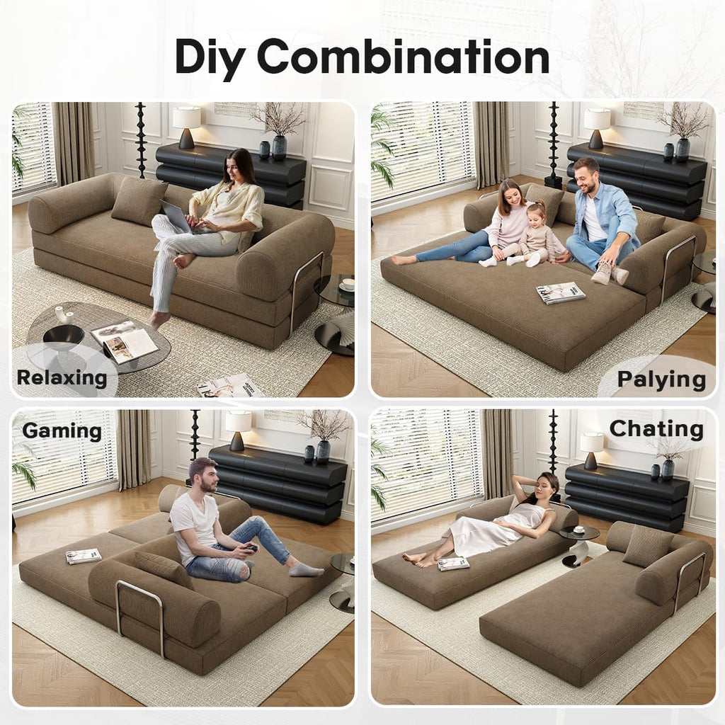 78.8' Modular Sofa Bed - 4-in-1 Convertible Design with Corduroy Fabric and High Density Sponge, Removable Cover and Fixed Frame