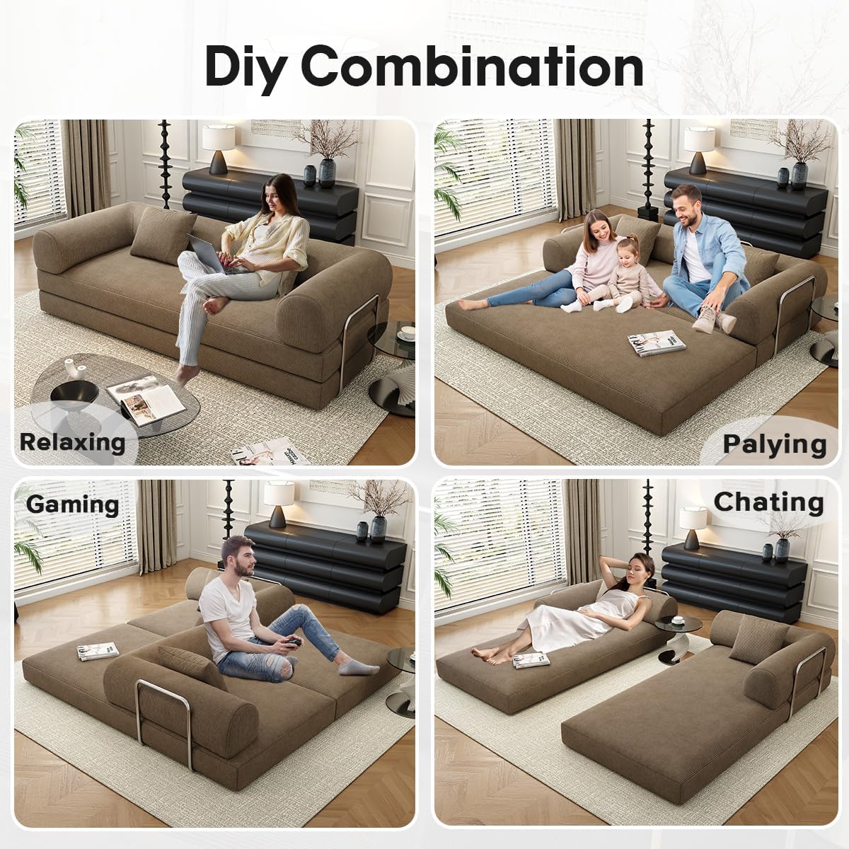 78.8' Modular Sofa Bed - 4-in-1 Convertible Design with Corduroy Fabric and High Density Sponge, Removable Cover and Fixed Frame