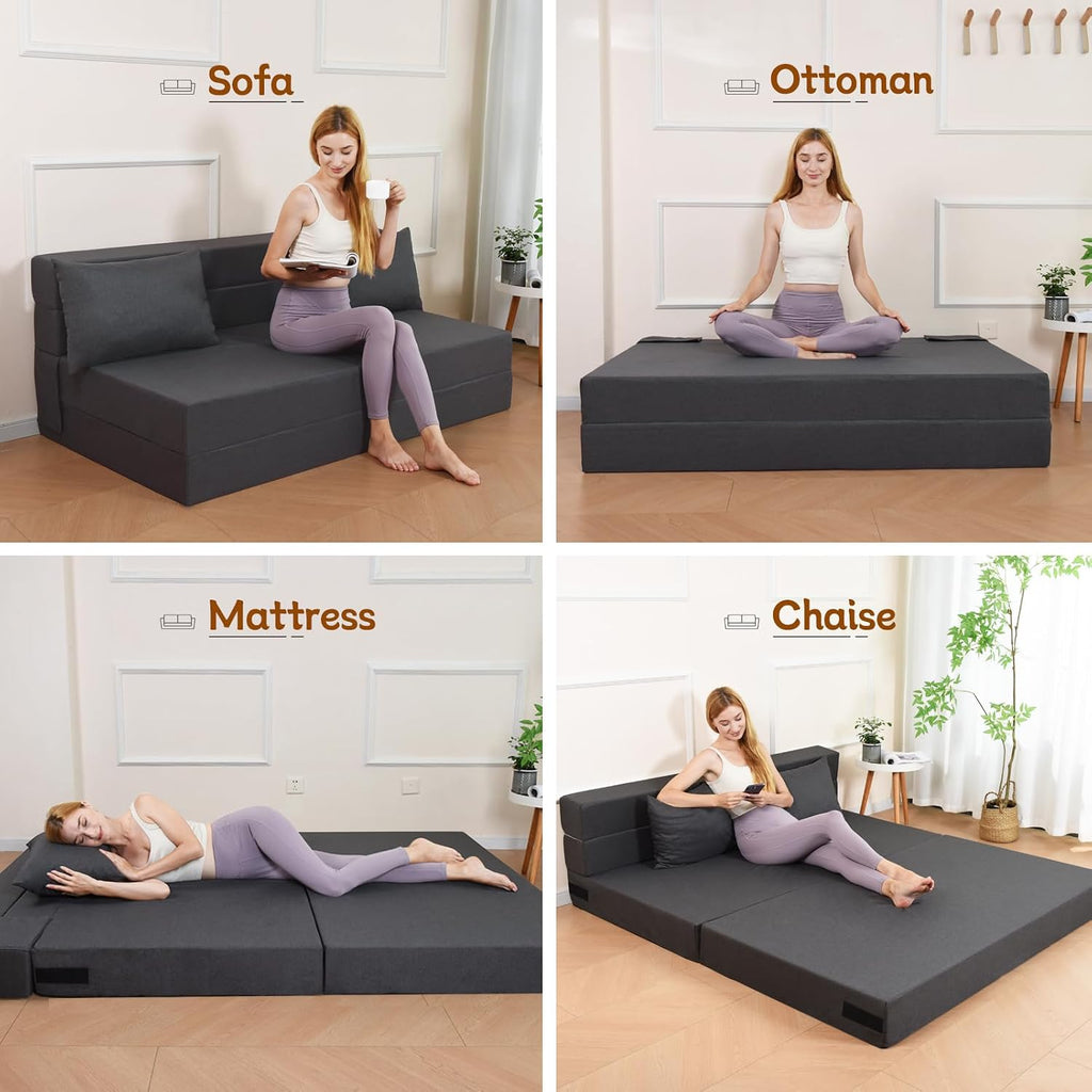 Fvkind Folding Sofa Bed with Pillow, Foldable Bed Sleeper Chair with Washable Cover, Convertible Sofa Chair, Fold Out Couch,Futon Couch for Living Room, Dorm, Guest Room, Queen Size, Dark Grey
