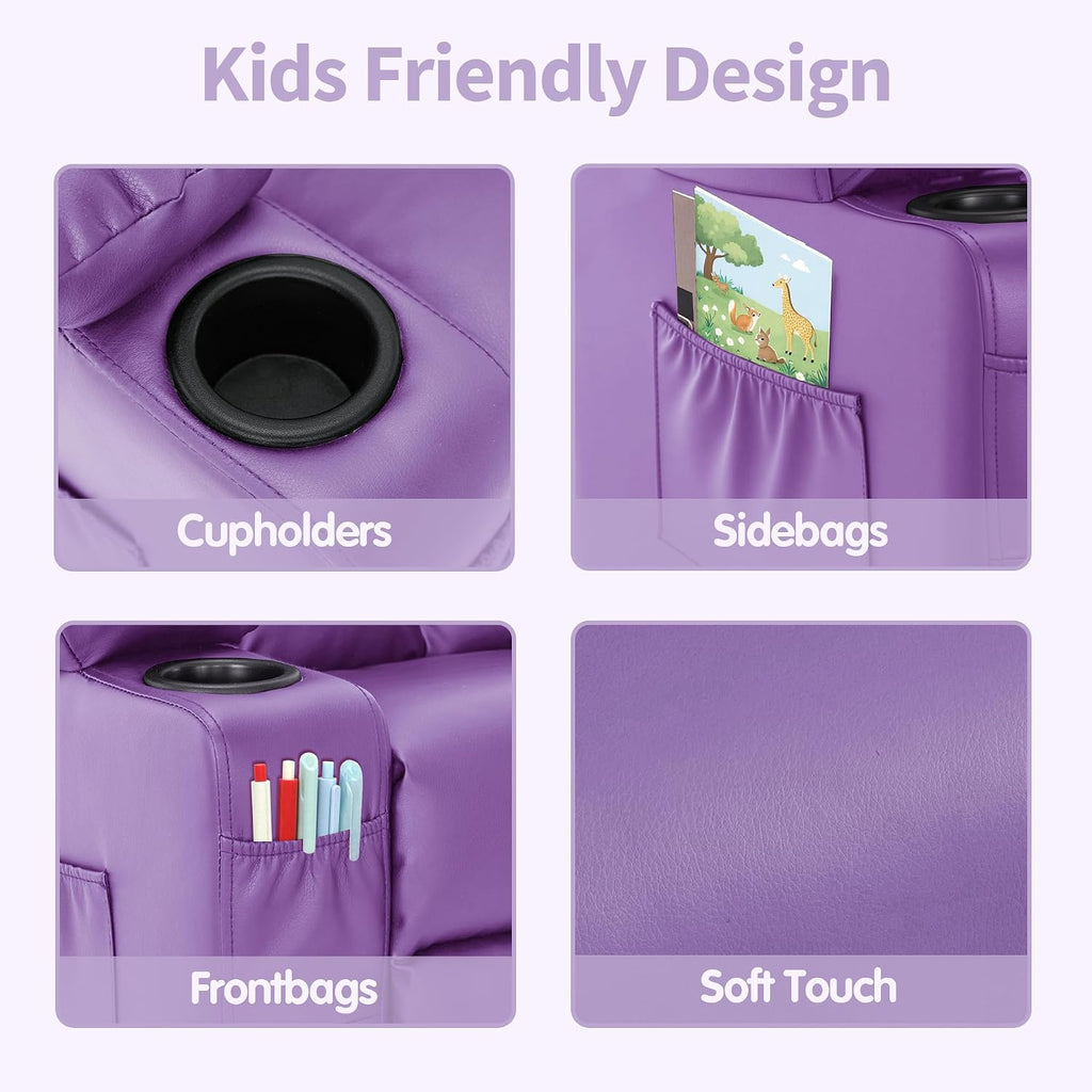 MCombo Big Kids Recliner for Ages 3+, Child Reclining Chair, Toddlers Recliner Sofa with Cup Holders, Faux Leather, 7322(Violet)