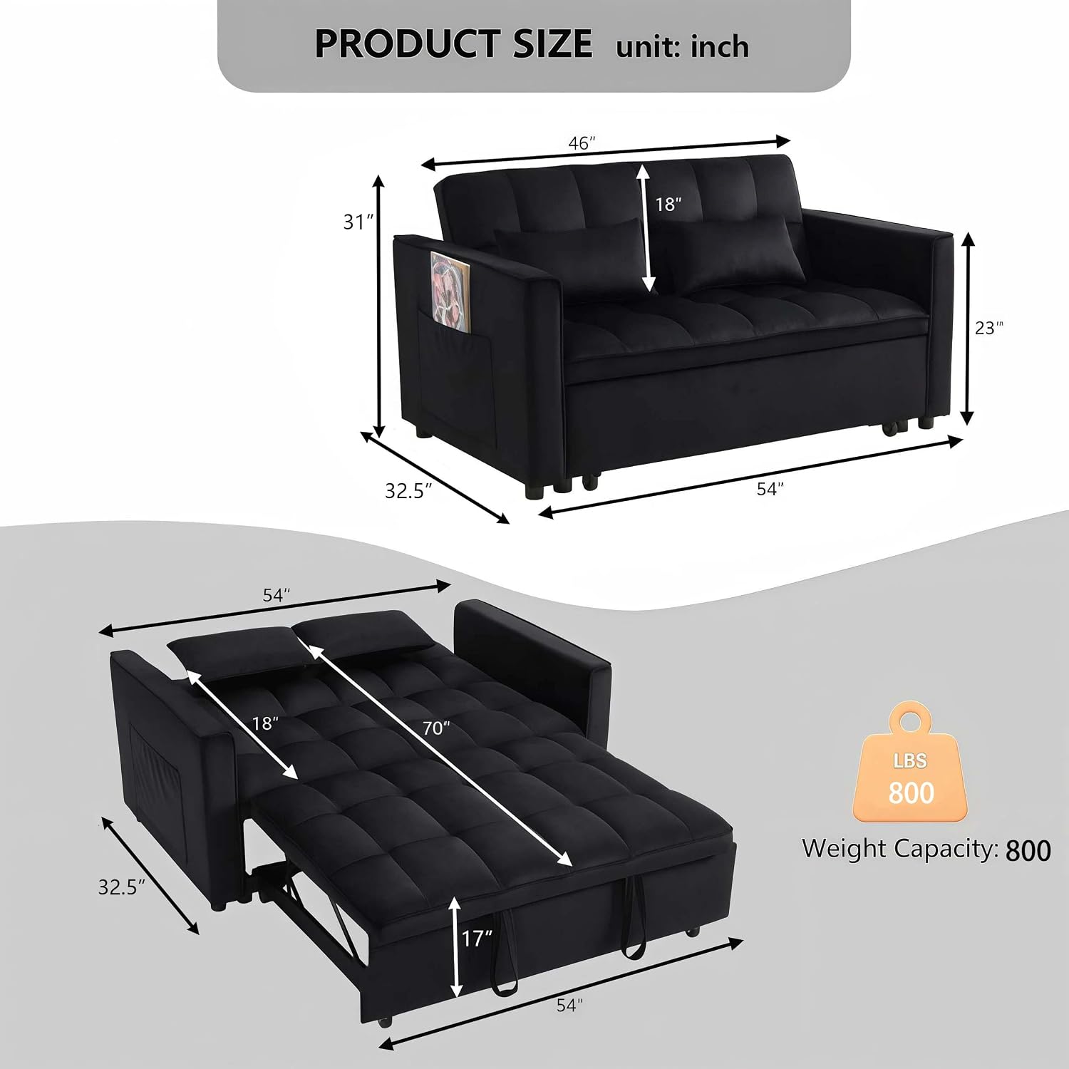 Loveseat Sleeper Sofa, 3 in 1 Convertible Sofa Bed, Adjustable Backrest Comfy Pull Out Couch, Modern Upholstered Sofa for Living Room Bedroom Apartment Small Space (Black)