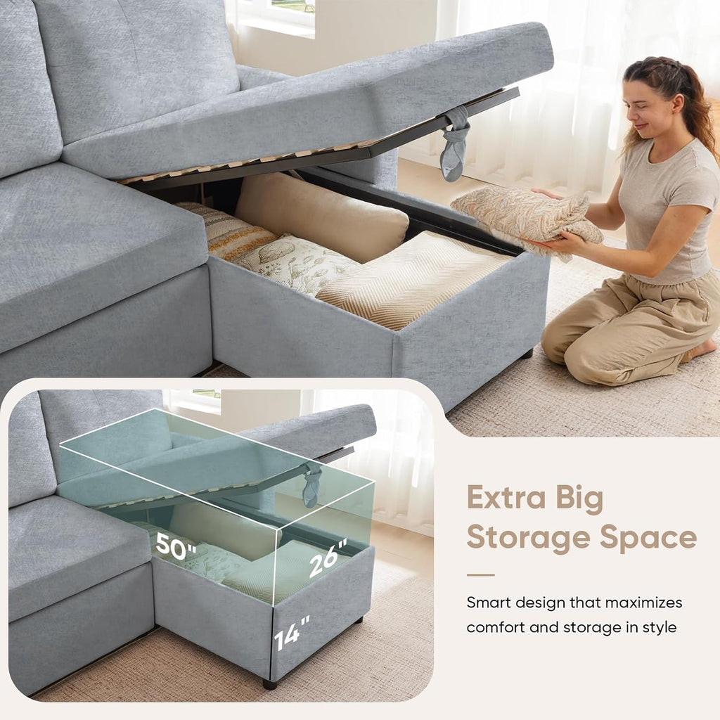 Waxberry 85' L Shaped Sectional Sofa Couch, Pull Out Couch Sleeper Sofa Bed for Living Room, Modular Chenille Deep Seat Sofa, Reversible Chaise, Storage, Side Pockets & Dual USB/Type-C Ports, Gray