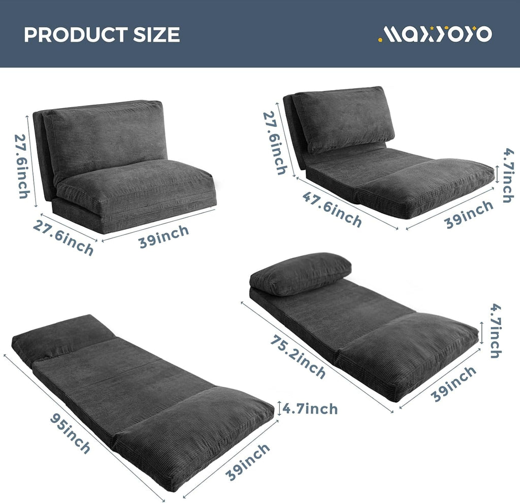 MAXYOYO Folding Sofa Bed, Extra Thick and Long Floor Sofa Convertible Sleeper Chair with Washable Cover, Floor Couch Lounge Bean Bag Bed for Living Room, Dark Grey, 39x95 Inch