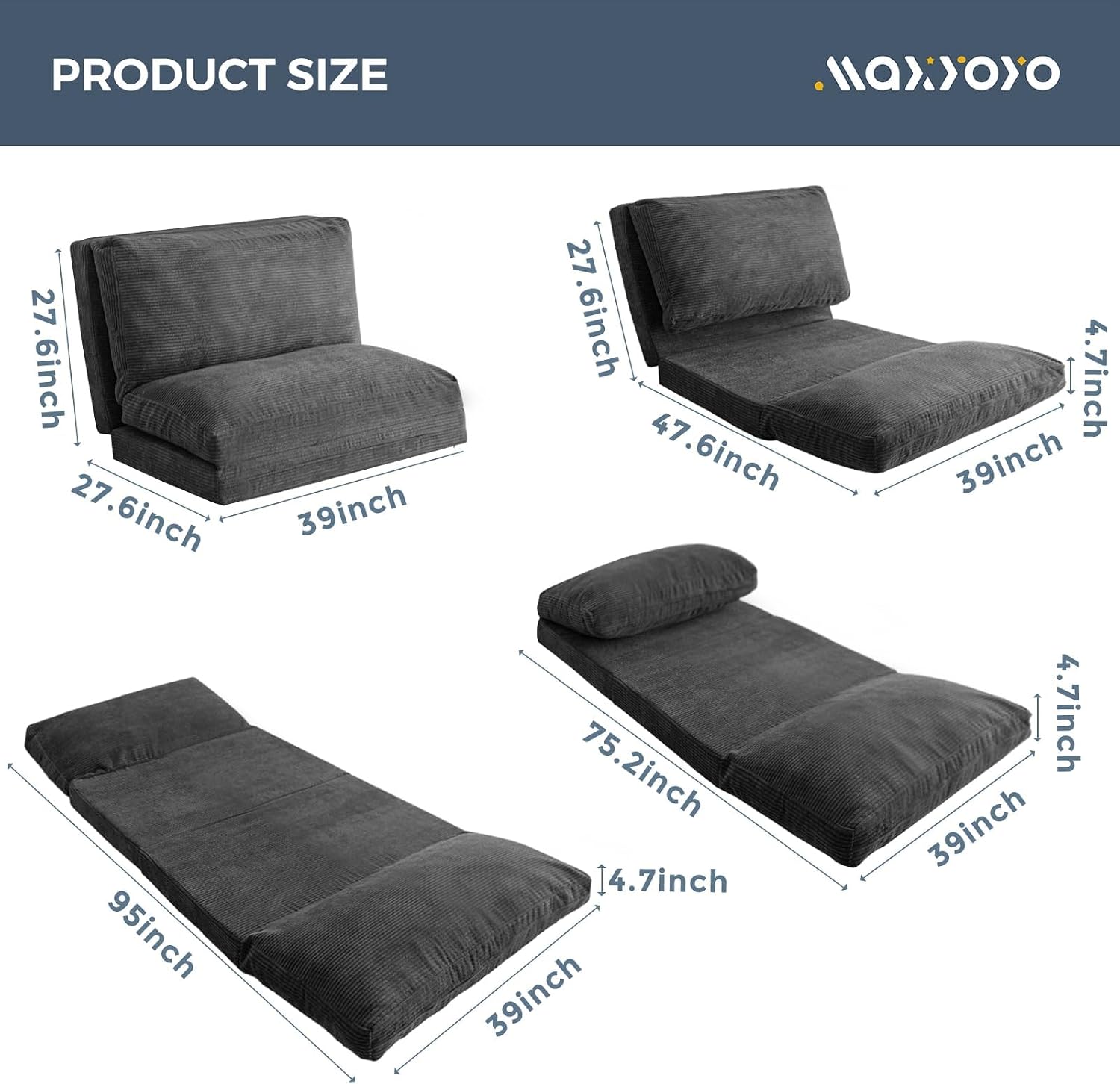 MAXYOYO Folding Sofa Bed, Extra Thick and Long Floor Sofa Convertible Sleeper Chair with Washable Cover, Floor Couch Lounge Bean Bag Bed for Living Room, Dark Grey, 39x95 Inch