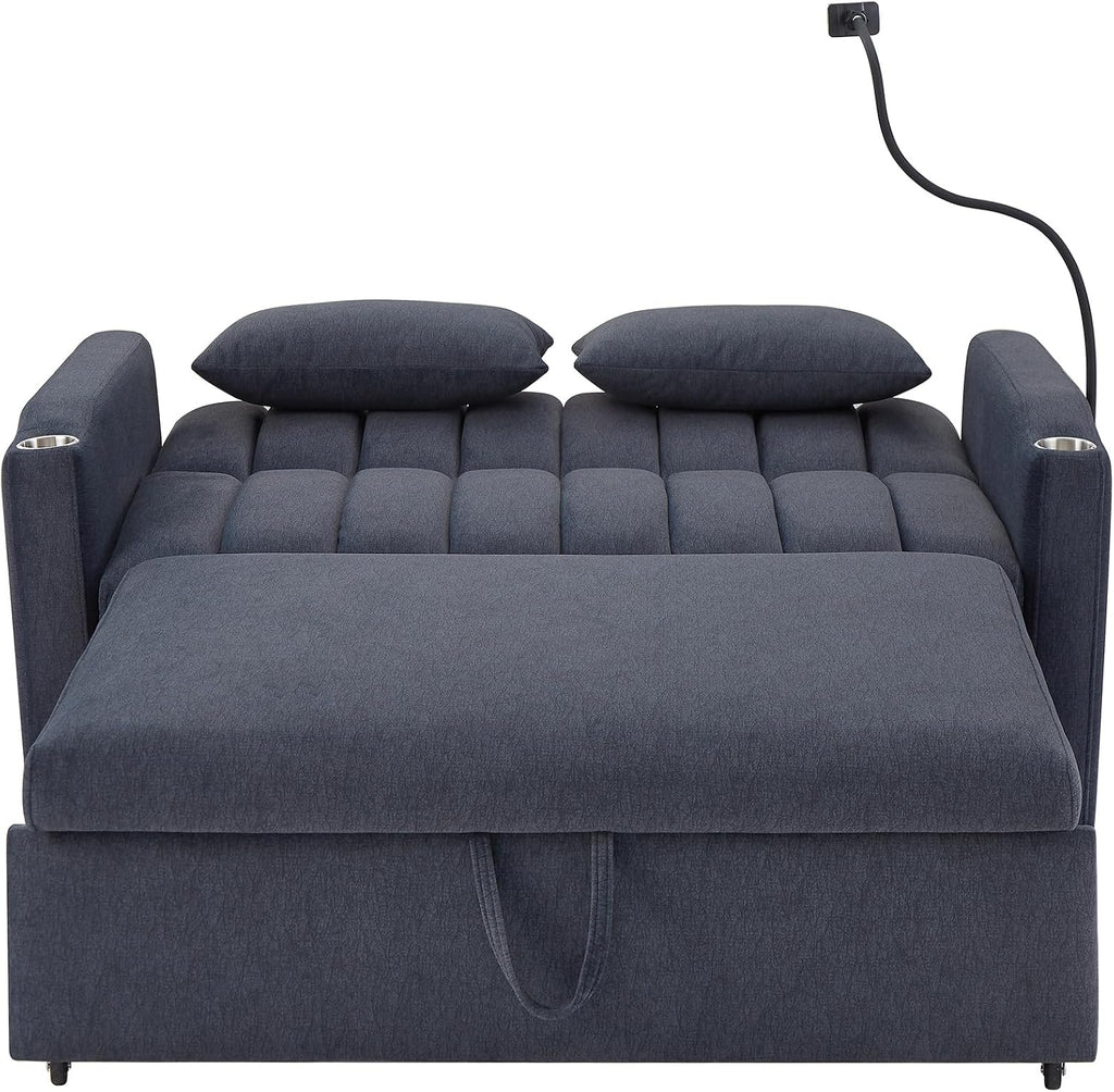 LUMISOL 3-in-1 Convertible Sleeper Sofa Bed, 55.9' Loveseat Pull Out Bed with USB Ports, Cup Holders, Swivel Stand & Storage Pockets, Modern Tufted Sofa Bed with Pillows, Blue Grey