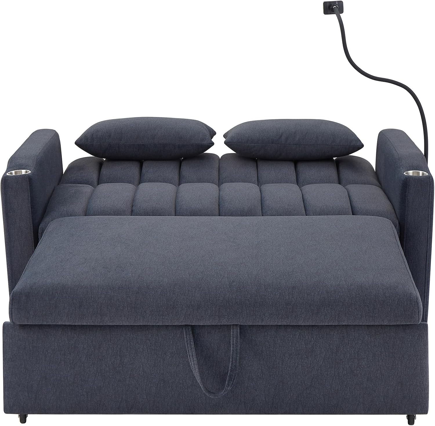 LUMISOL 3-in-1 Convertible Sleeper Sofa Bed, 55.9' Loveseat Pull Out Bed with USB Ports, Cup Holders, Swivel Stand & Storage Pockets, Modern Tufted Sofa Bed with Pillows, Blue Grey