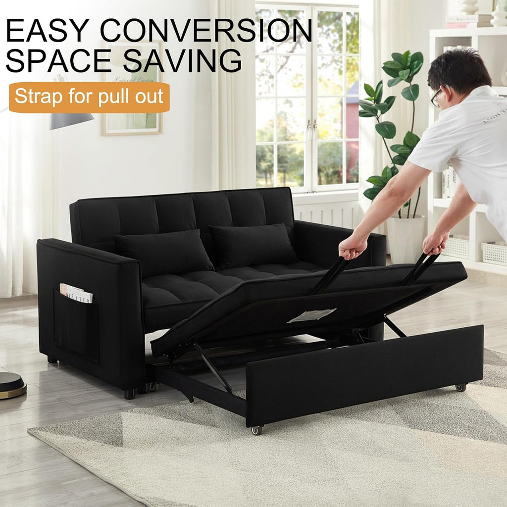 Loveseat Sleeper Sofa, 3 in 1 Convertible Sofa Bed, Adjustable Backrest Comfy Pull Out Couch, Modern Upholstered Sofa for Living Room Bedroom Apartment Small Space (Black)