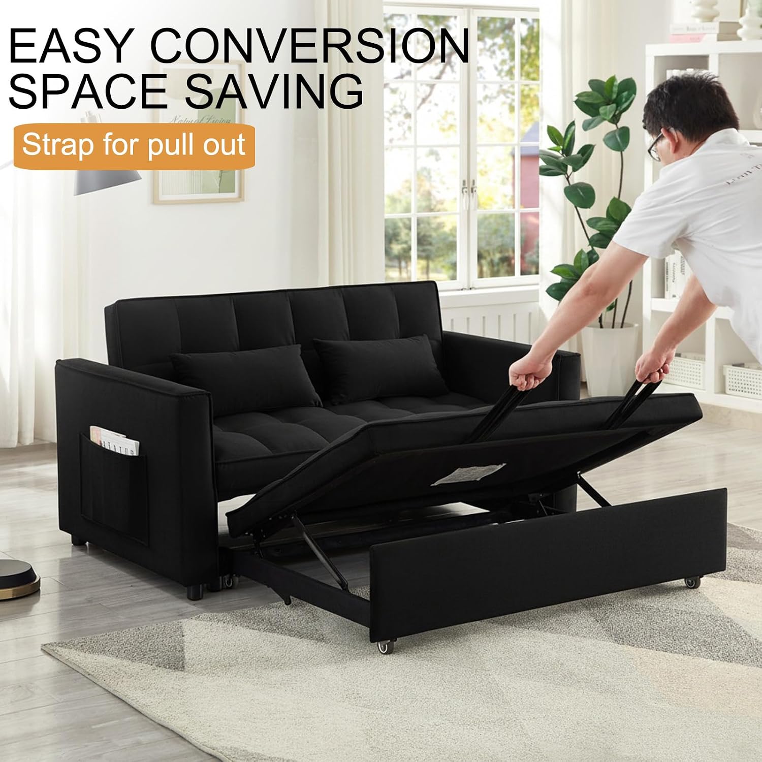 Loveseat Sleeper Sofa, 3 in 1 Convertible Sofa Bed, Adjustable Backrest Comfy Pull Out Couch, Modern Upholstered Sofa for Living Room Bedroom Apartment Small Space (Black)
