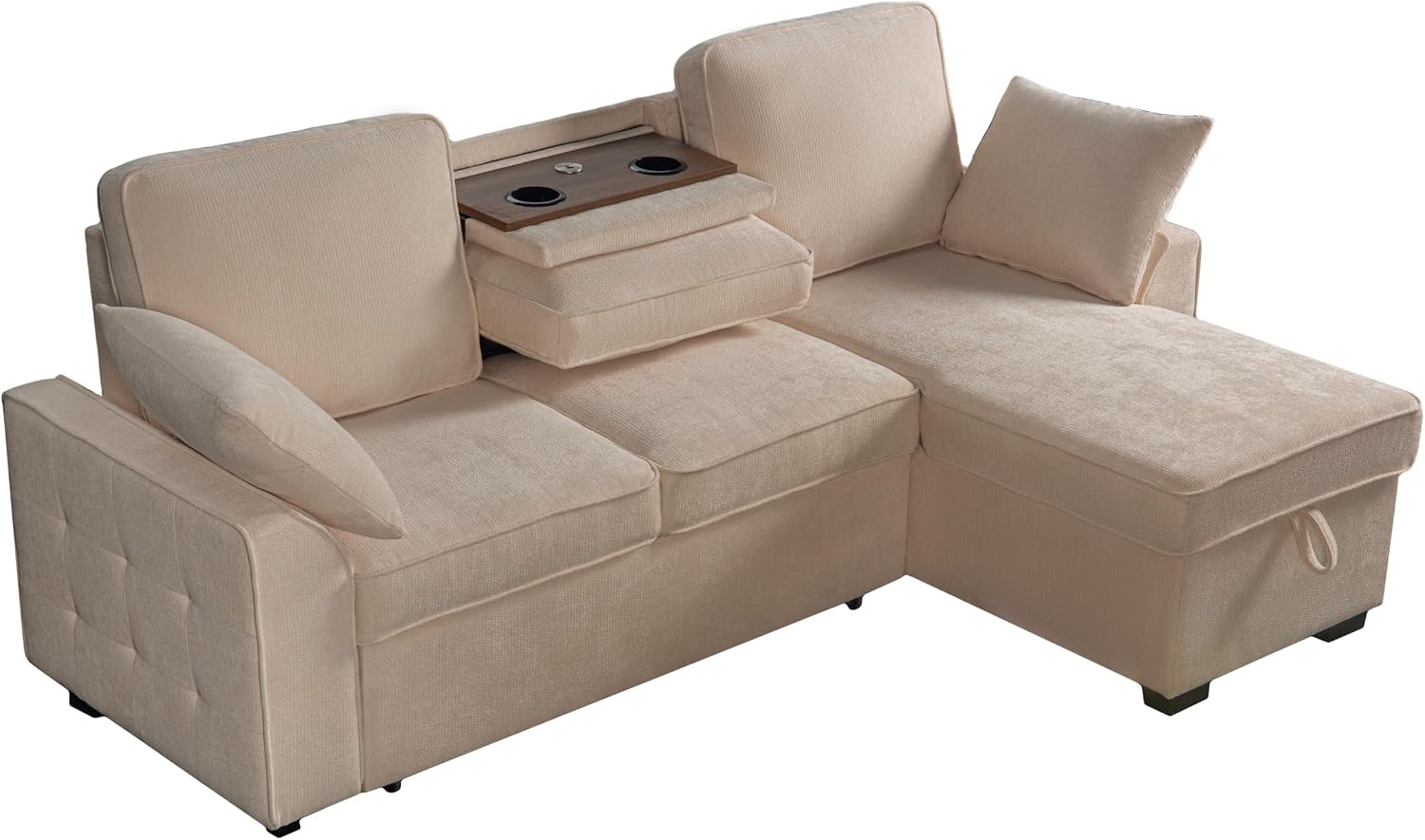 Ball & Cast L-Shape Reversible Sectional Sleeper Sofa Bed 4 in 1 Pull Out Couch with Storage Chaise,Cup Holders & USB Ports,Convertible Sleeper Corner Couch Pull-Out Sofa Bed for Living Room,Office