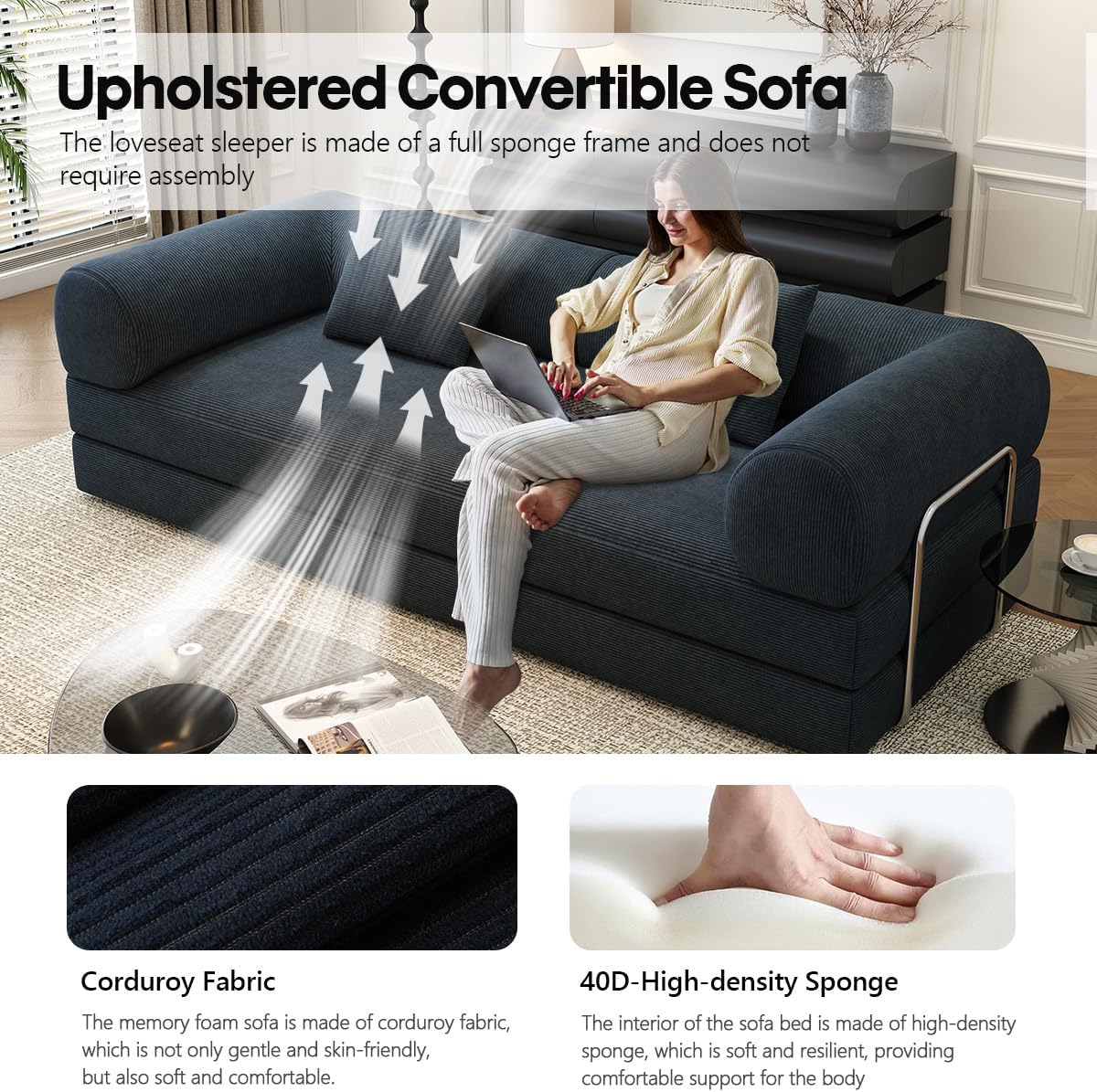 78.8' Modular Sofa Bed - 4-in-1 Convertible Design with Corduroy Fabric and High Density Sponge, Removable Cover and Fixed Frame