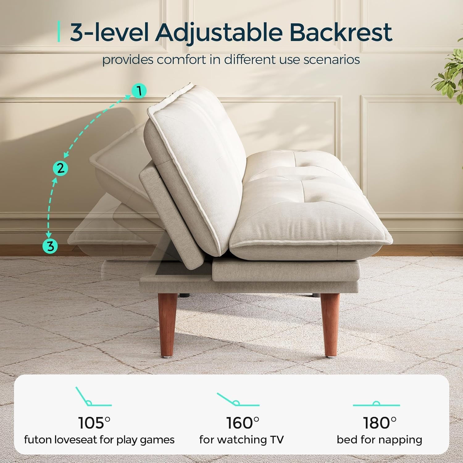 LINSY HOME Futon Sofa Bed, 70' Chenille Futon Couch with Adjustable Backrest Armrest, 3 in 1 Convertible Comfy Loveseat Sleeper Sofa Bed for Small Spaces Dorm Room Apartment Home Office(Beige White)