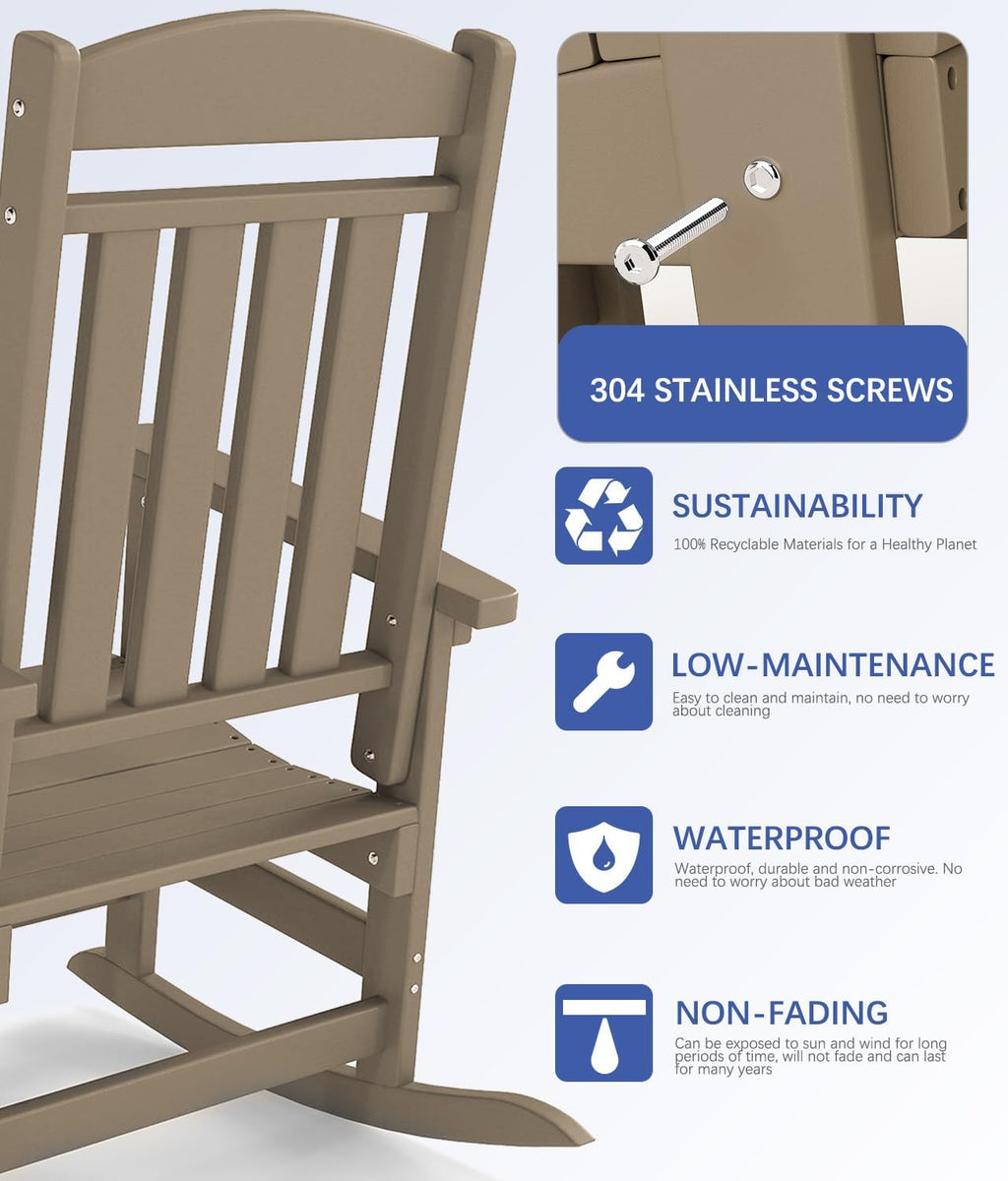 FOOWIN Outdoor Rocking Chair Set of 8, High Back Patio Rocking Chair, HDPE All Weather Resistant Porch Rocker for Adult, Oversized Rocking Chairs for Garden, Lawn, Indoor & Outdoor Use, Brown