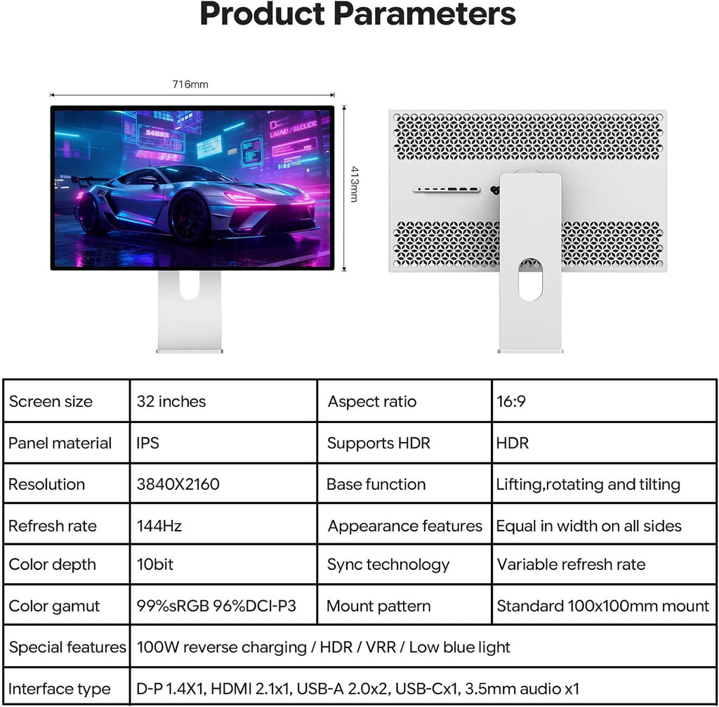 P32K 32'' UHD (3840 x 2160) 4K 144Hz Glossy Monitor, IPS Panel, 10-Bit Color, 99% sRGB, 96% DCI-P3, 5ms, HDR, Low Blue Light, Eye Care (Honeycomb - with Stand)