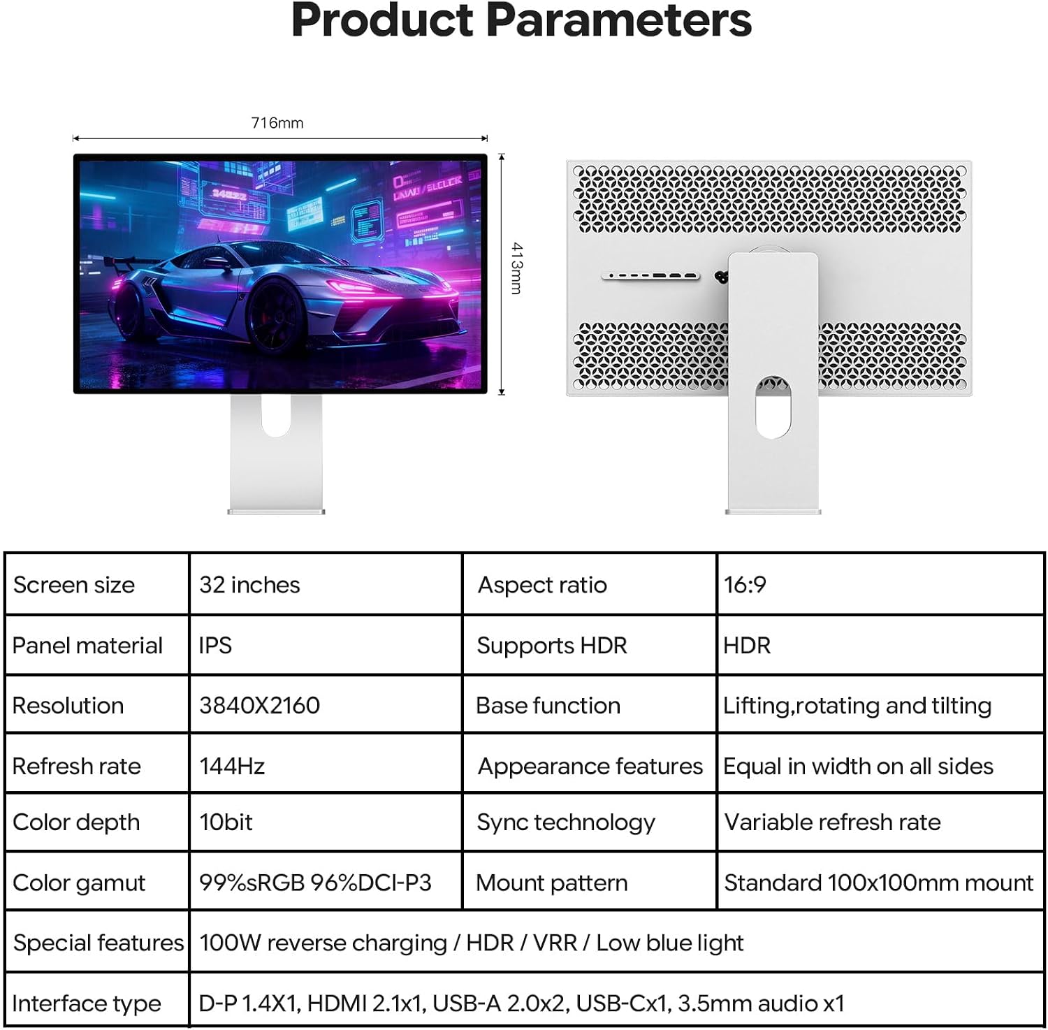 P32K 32'' UHD (3840 x 2160) 4K 144Hz Glossy Monitor, IPS Panel, 10-Bit Color, 99% sRGB, 96% DCI-P3, 5ms, HDR, Low Blue Light, Eye Care (Honeycomb - with Stand)
