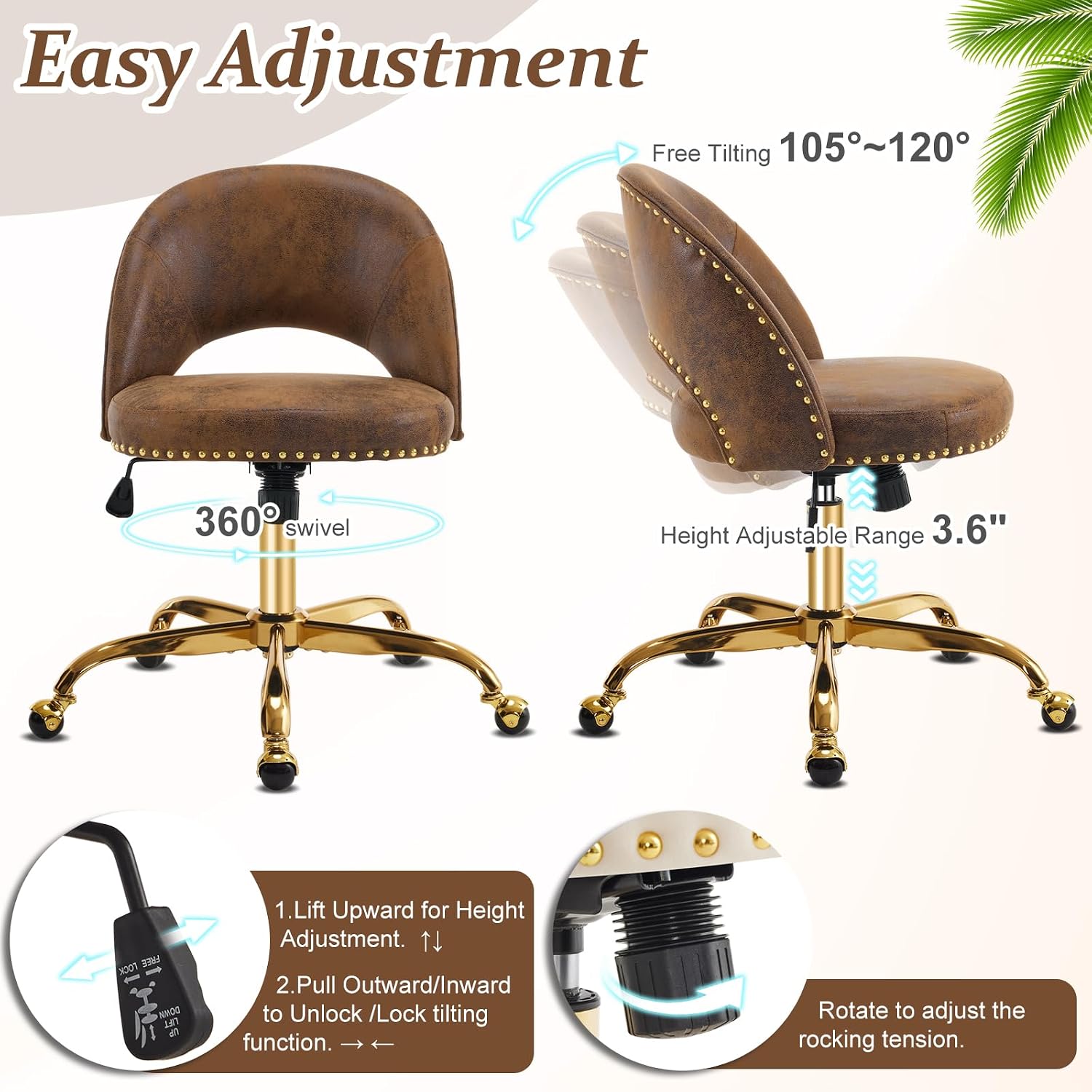 VINGLI Modern Velvet Small Office Chair,Cute Desk Chair with Wheels,Gold Base/Studs, Comfy Armless Swivel Vanity Task Chair for Women/Girl/Kids, Nail Tech Chair for Bedroom,Small Space,Rustic