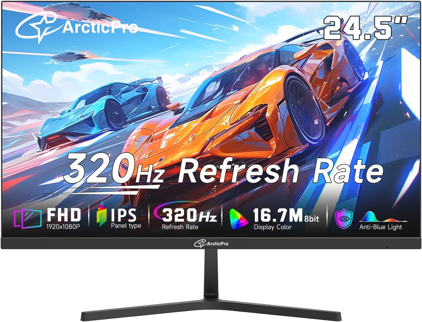 ArcticPro 24.5 inch 320Hz/300Hz/240Hz Gaming Monitor, FHD 1080p Computer Monitor, 1ms, IPS Panel, Adaptive sync, NTSC 85%, sRGB 120%, Ultra Slim, DP x2, HDMI x2, VESA, with DP Cable up to 320Hz