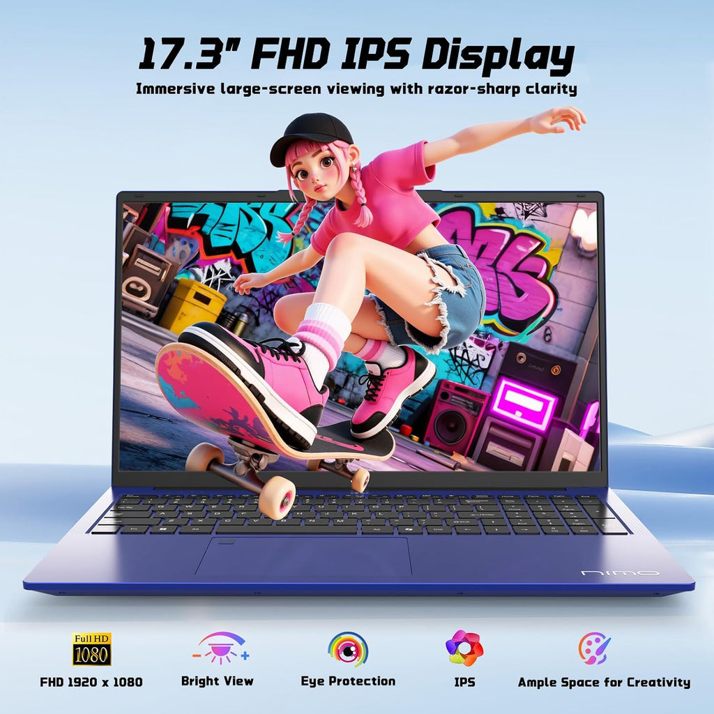 NIMO 17.3' FHD IPS Student-Laptop-Computer - 16GB RAM 1TB SSD, Pentium 4 Cores N100(Beat i3-1115G4, Up to 3.4GHz) 65W Type-C Fingerprint Backlit Keyboard Wi-Fi 6 BT5.2