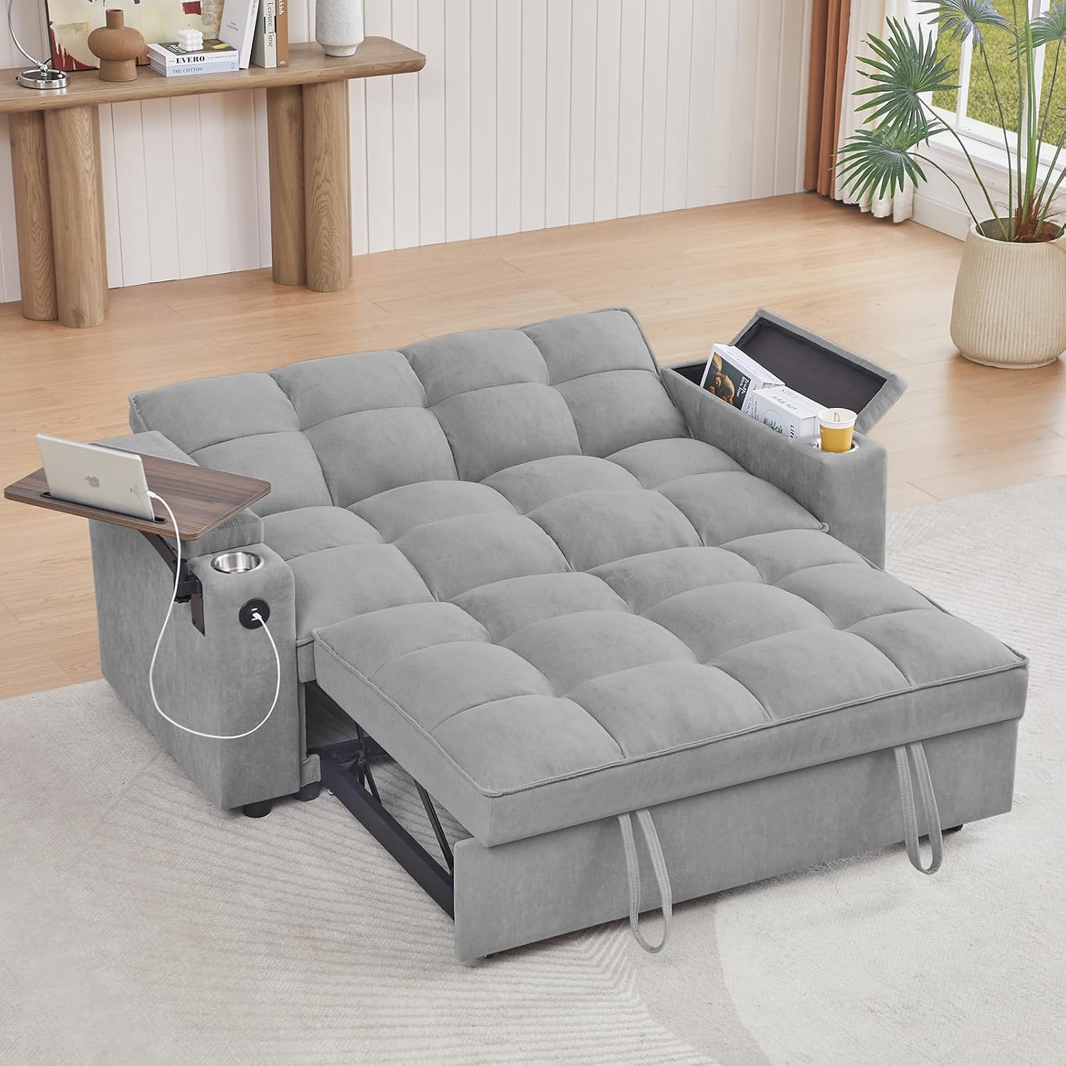 Auvsoce 65'' Convertible Sleeper Sofa Bed with Adjustable Backrest, Chaise Lounge, Side Table & USB/Type-C Ports – Stylish & Functional Addition to Any Living Room (Light Grey)