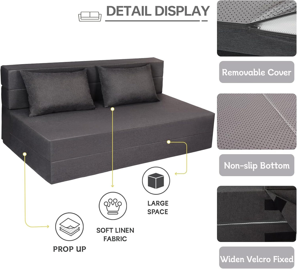Fvkind Folding Sofa Bed with Pillow, Foldable Bed Sleeper Chair with Washable Cover, Convertible Sofa Chair, Fold Out Couch,Futon Couch for Living Room, Dorm, Guest Room, Queen Size, Dark Grey
