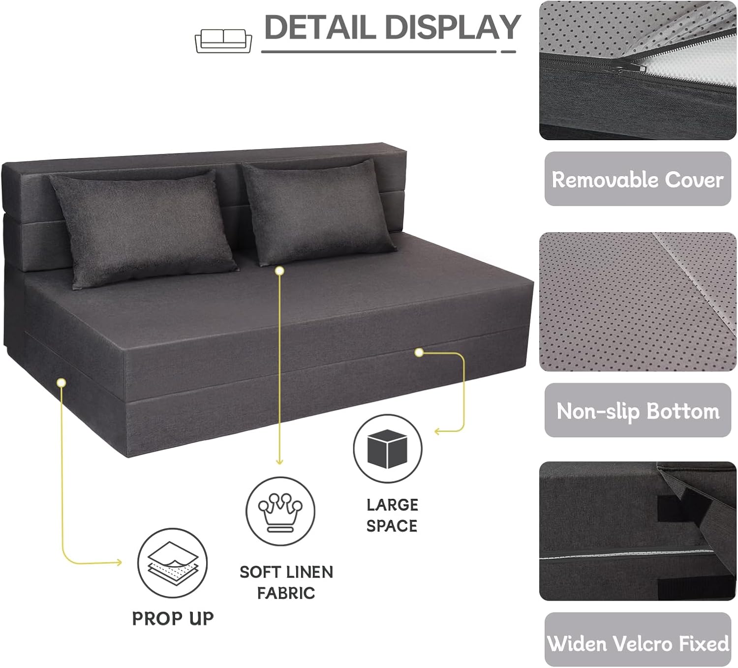 Fvkind Folding Sofa Bed with Pillow, Foldable Bed Sleeper Chair with Washable Cover, Convertible Sofa Chair, Fold Out Couch,Futon Couch for Living Room, Dorm, Guest Room, Queen Size, Dark Grey