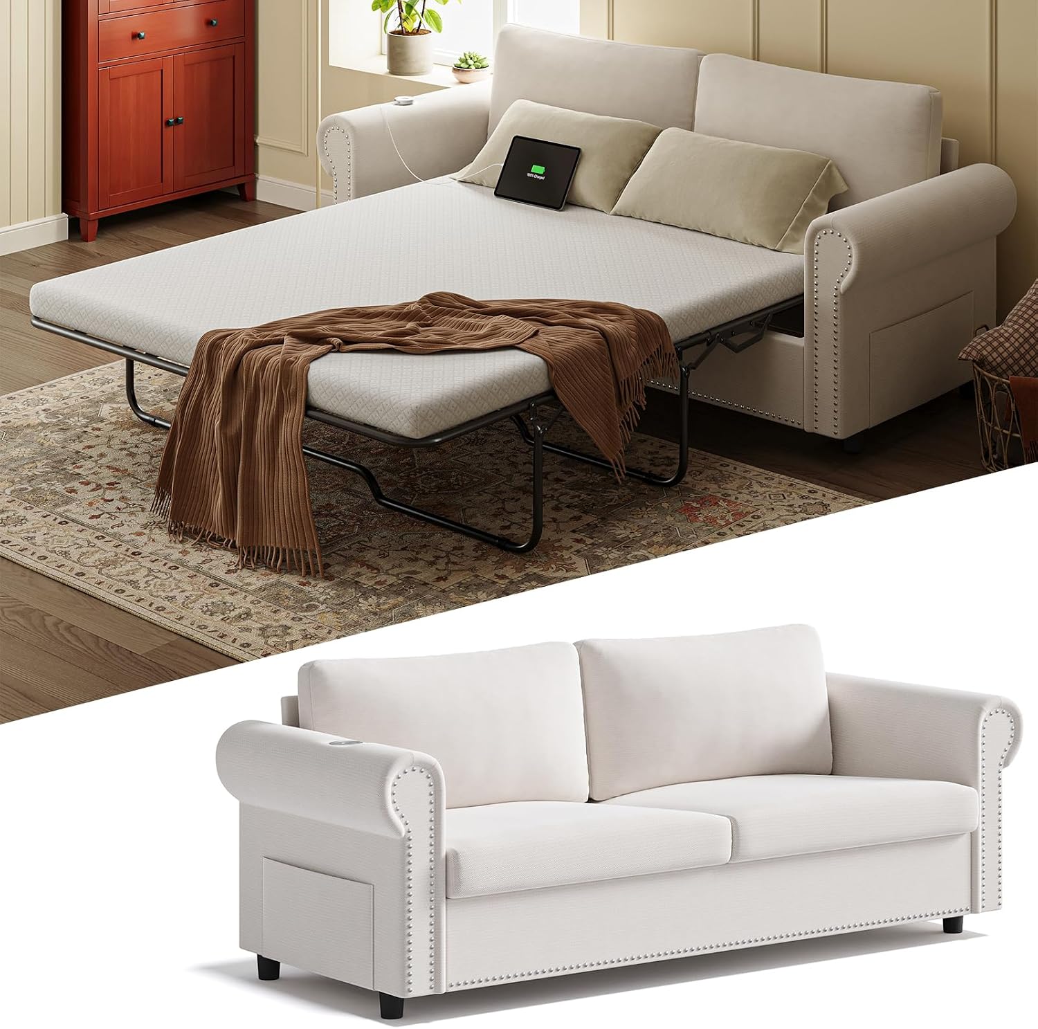 Queen Pull Out Sofa Bed | 83' Large Sleeper Sofa with Queen Size Mattress | 2-in-1 Convertible Loveseat Sofa-Bed with USB Ports Side Pockets Ivory White