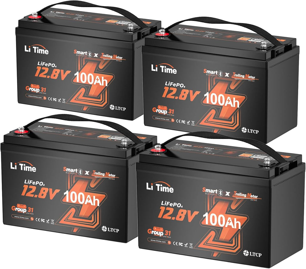 Litime 12V 100Ah Trolling Motors LiFePO4 Battery (Group 31), 12 Volt Bluetooth Lithium Batteries, Max. 15000 Deep Cycles, 100A BMS, Low-Temp Protection for Marine, Boat, Yacht, RV, Solar (4-Pack)