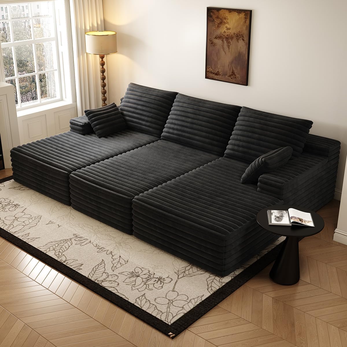 Oversized Lounge Chaise,Cloud Plush Sofa Bed,Upholstered Boneless Cloud Sofa Deep Seat,No Assembly Required,Modern Corduroy Sleeper 3 Seater Chair for Living Room Bedroom Reading,Black