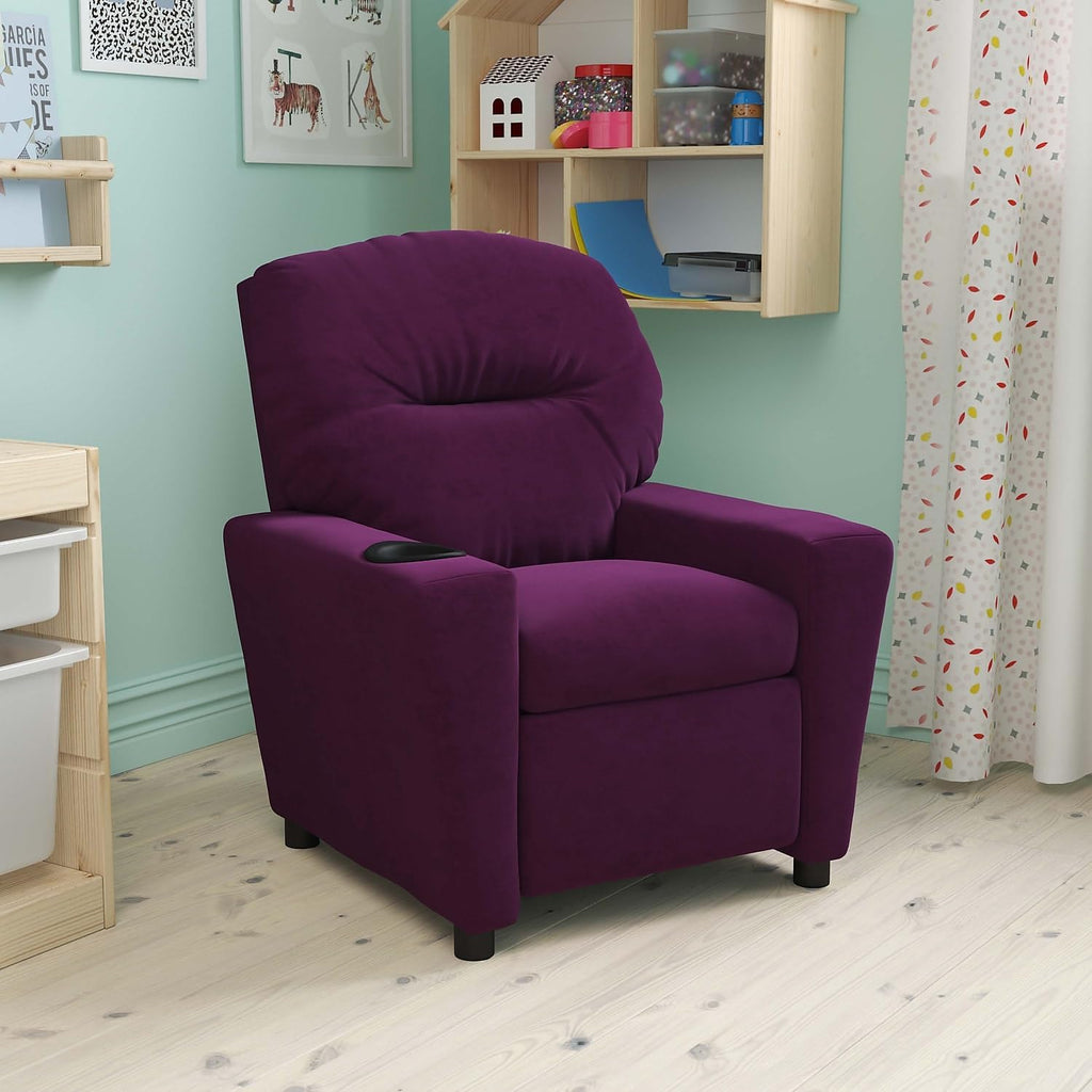 Flash Furniture Chandler Microfiber Kids Recliner with Cup Holder and Safety Recline, Contemporary Reclining Chair for Kids, Supports up to 90 lbs., Purple
