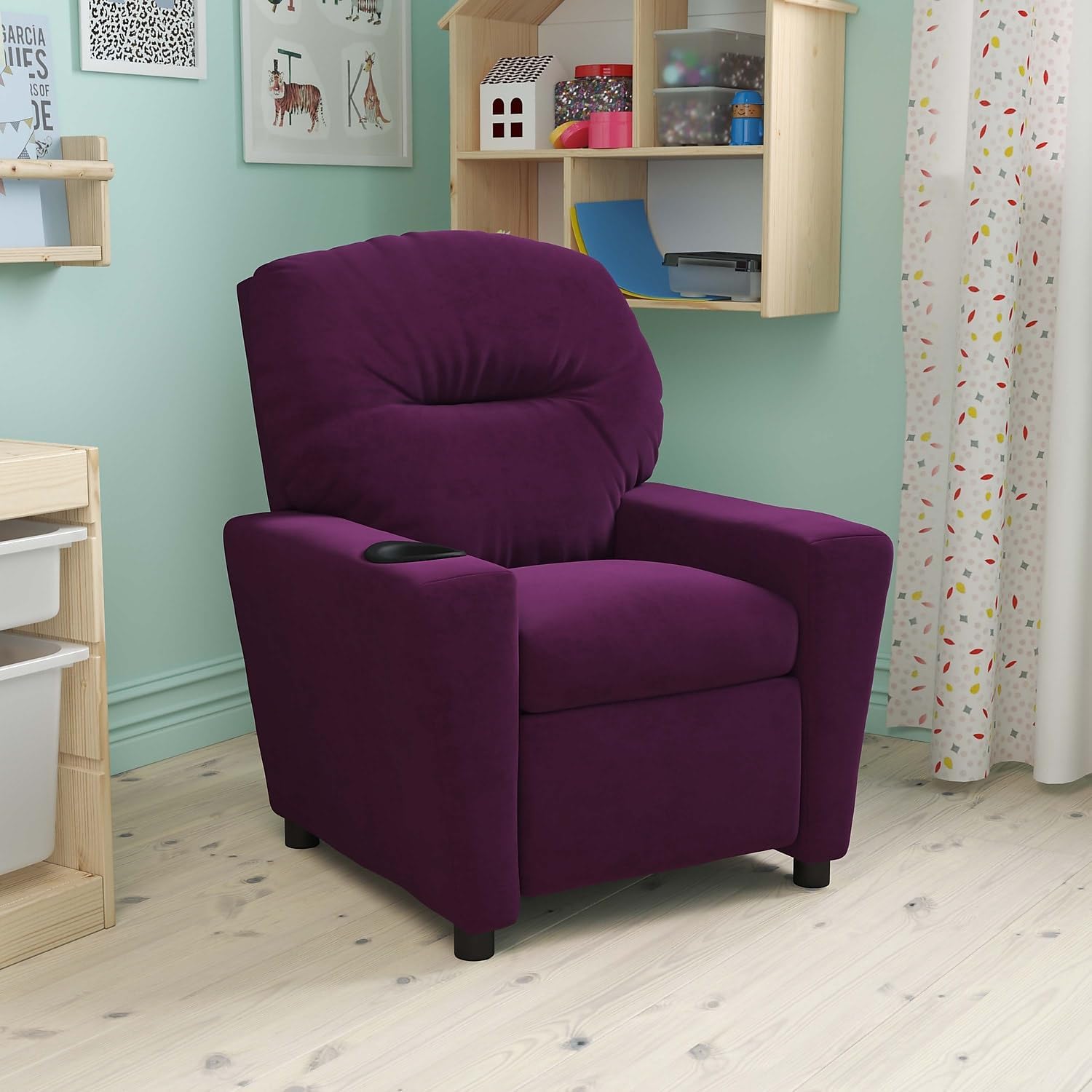 Flash Furniture Chandler Microfiber Kids Recliner with Cup Holder and Safety Recline, Contemporary Reclining Chair for Kids, Supports up to 90 lbs., Purple