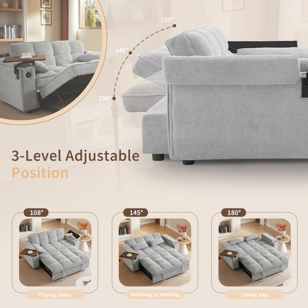 Auvsoce 65'' Convertible Sleeper Sofa Bed with Adjustable Backrest, Chaise Lounge, Side Table & USB/Type-C Ports – Stylish & Functional Addition to Any Living Room (Fashion Light Grey)