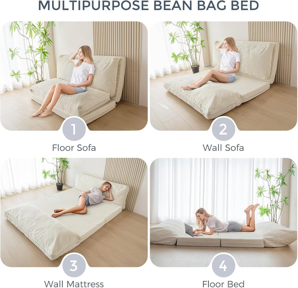 MAXYOYO Folding Sofa Bed, Floor Sofa Convertible Sleeper Chair with Washable Cover, Floor Couch Lounge Bean Bag Chair Bed for Living Room, Beige, 39x95 Inch