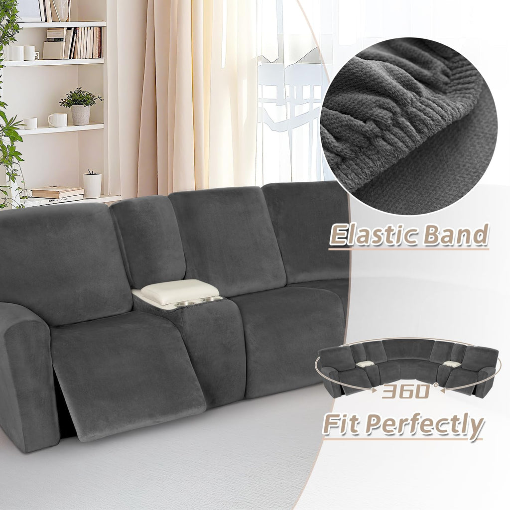 Arfntevss Sectional Recliner Couch Covers Velvet Washable Corner Sectional Sofa Cover for Reclining Couch Stretch Soft Thick L Shape Recliner Slipcover (5 Seat with 2 Console Cover, Charcoal Gray)