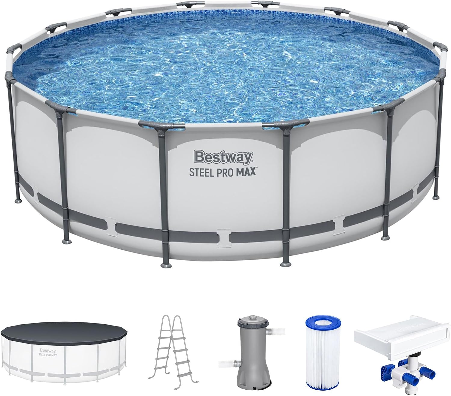 Bestway 7 Colored LED Waterfall Cascade Accessory Attachment & Steel Pro MAX 14' x 48' Round Outdoor Above Ground Swimming Pool Set with Pump