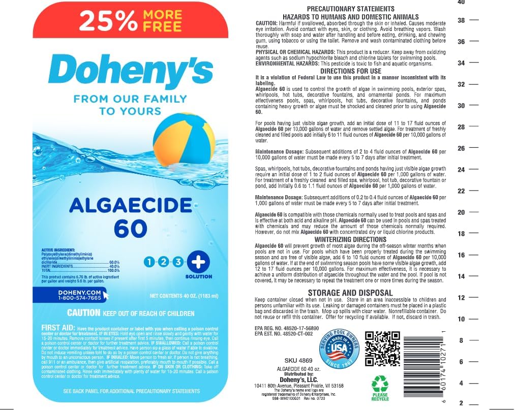Doheny's Algaecide 60 | Pro-Grade, Metal-Free & Non-Foaming | Prevents All Algae Types | No Stains or Clouding | Safe for Salt, Chlorine & Bromine Pools | Treats 160,000 Gallons | 12 x 40oz (480oz)