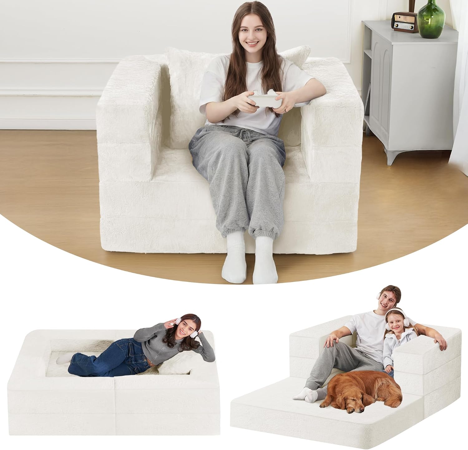 Futon Sofa Bed with Pillow, 3-in-1 Sleeper Sofa Bed with Removable Cover, Convertible Floor Sofa Bed, No Assembly Boneless Couch for Living Room, Bedroom