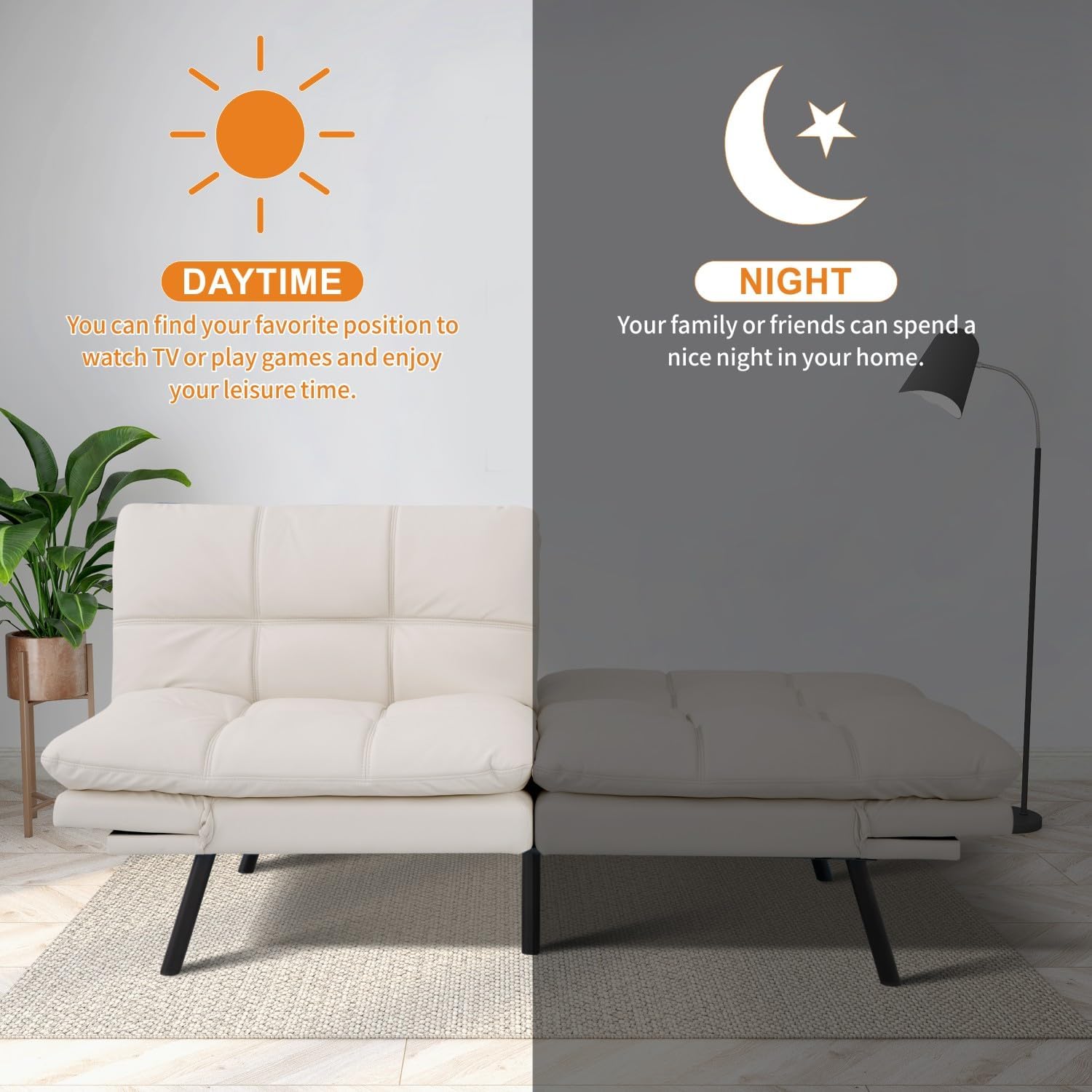 MUUEGM 71-Inch Convertible Futon Sofa Bed with Adjustable Backrest & Removable Armrests, Foldable Sleeper Loveseat for Small Space Living Room, Studio Apartment, Home Office，White