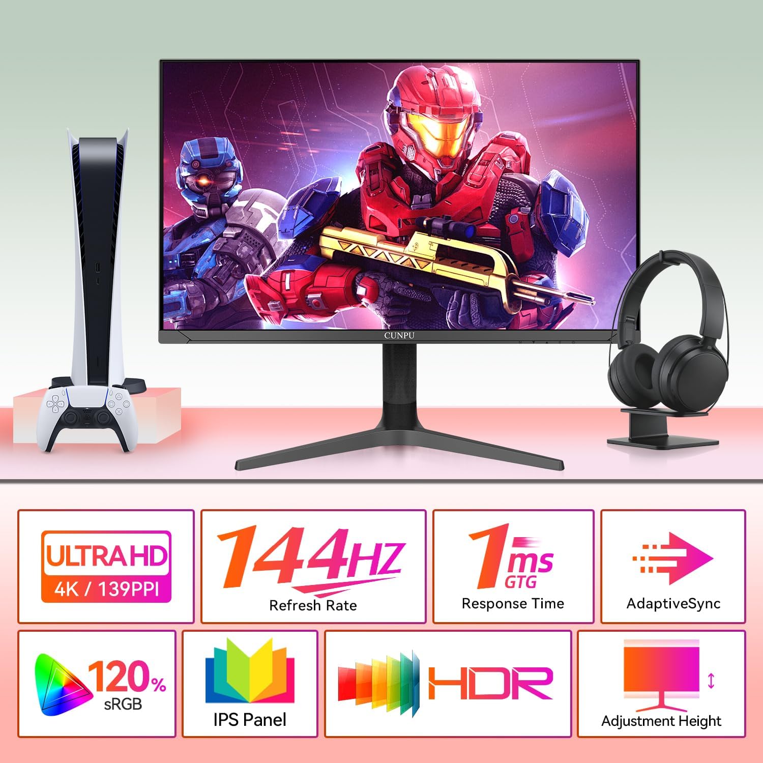 CUNPU 32 Inch 4k Gaming Monitor, 144Hz UHD Fast IPS Panel, 1ms GTG, sRGB 120%,10 Bit, Gsync & FreeSync, Support Xbox PS5 4k 120Hz VRR ALLM, HDMI 2.1,DP 1.4, Height/Vertical Adjustment