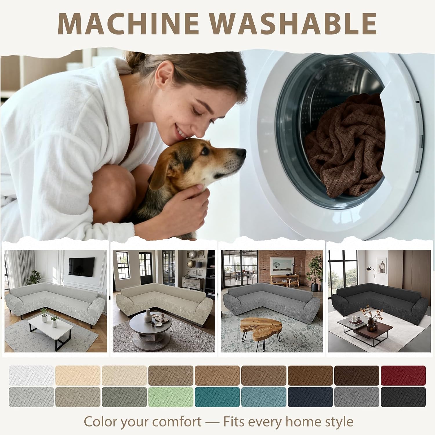 Sectional Couch Covers L Shape Sofa Cover 1-Piece Stretch Corner Couch Covers Non Slip Washable Sofa Slipcovers Soft Fleece Furniture Protector for Dogs Pet (Large, Dark Brown)