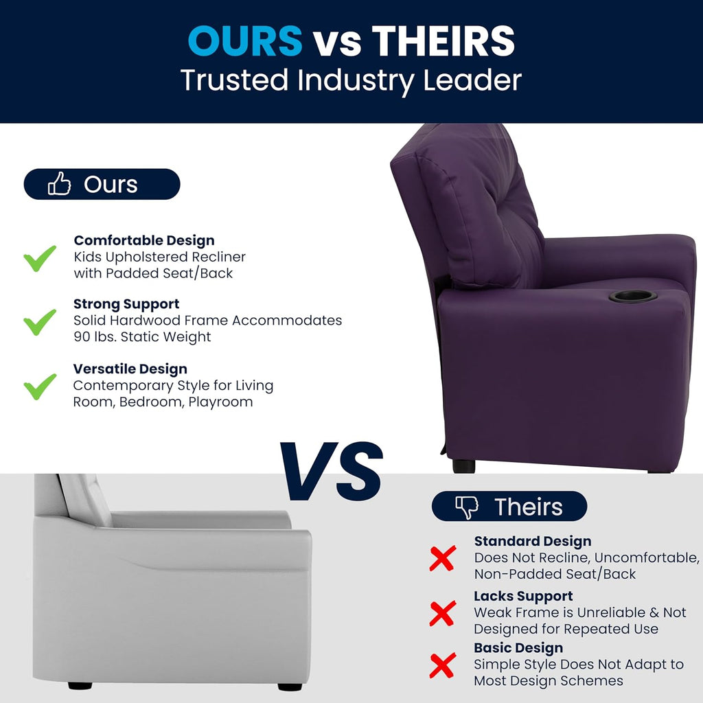 Flash Furniture Chandler Vinyl Kids Recliner with Cup Holder and Safety Recline, Contemporary Reclining Chair for Kids, Supports up to 90 lbs., Purple