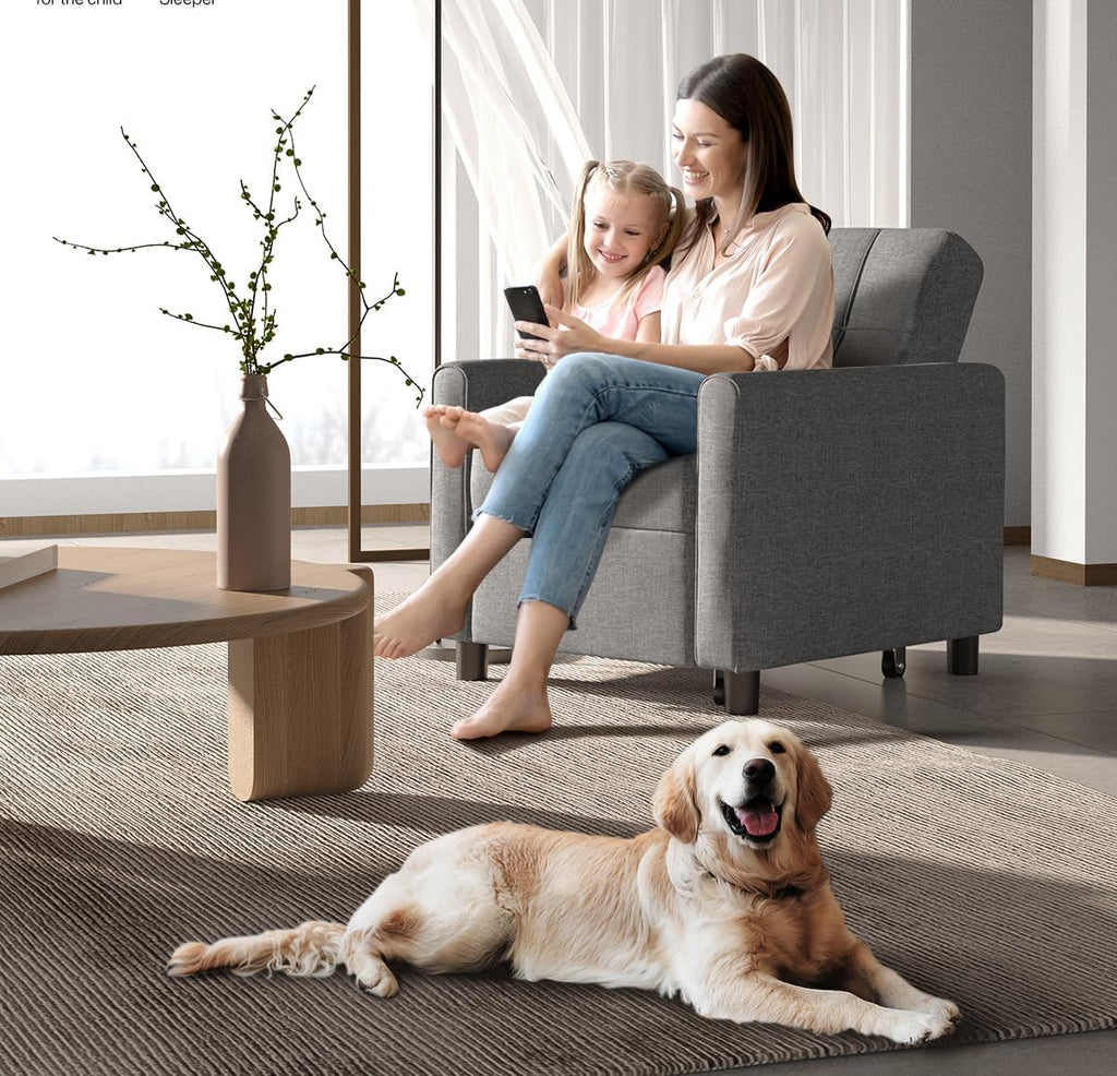 Aiho Convertible Sleeper Chair, 3-in-1 Sofa Bed with Adjustable Design, Pillow & Pocket - Pull Out Sleeper for Apartment, Light Gray