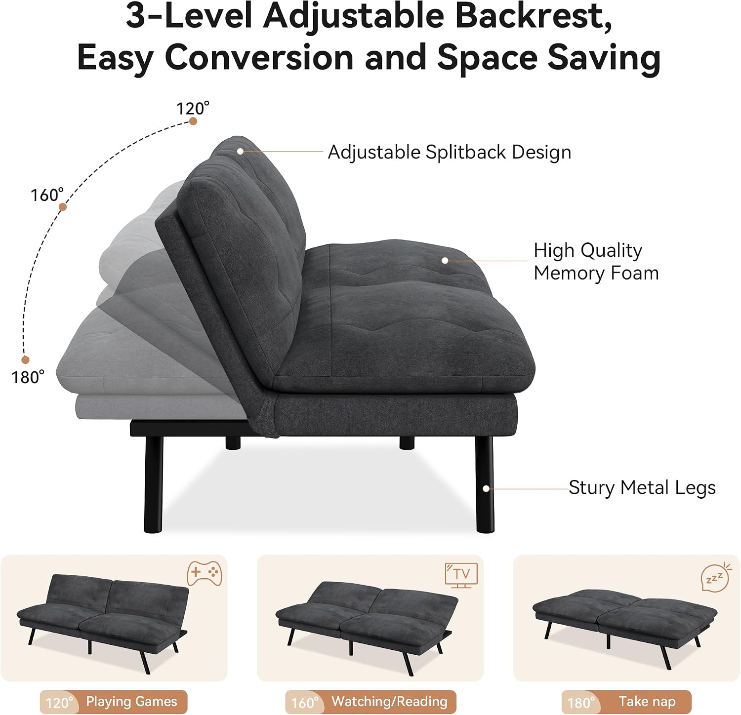 Futon Sofa Bed Convertible Couch, Black Linen Sofa Bed with Adjustable Backrest, Multifunctional Small Loveseat Sleeper Sofa for Living Room, Apartment, Office
