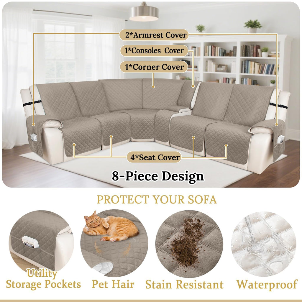 HDCAXKJ 100% Waterproof Recliner Sectional Couch Covers XX-Large L Shaped Corner Reclining Sofa Cover Washable Thick Non Slip Sectional Slipcover with Pockets (XXL 5 Seat and 1 Middle Console, Khaki)