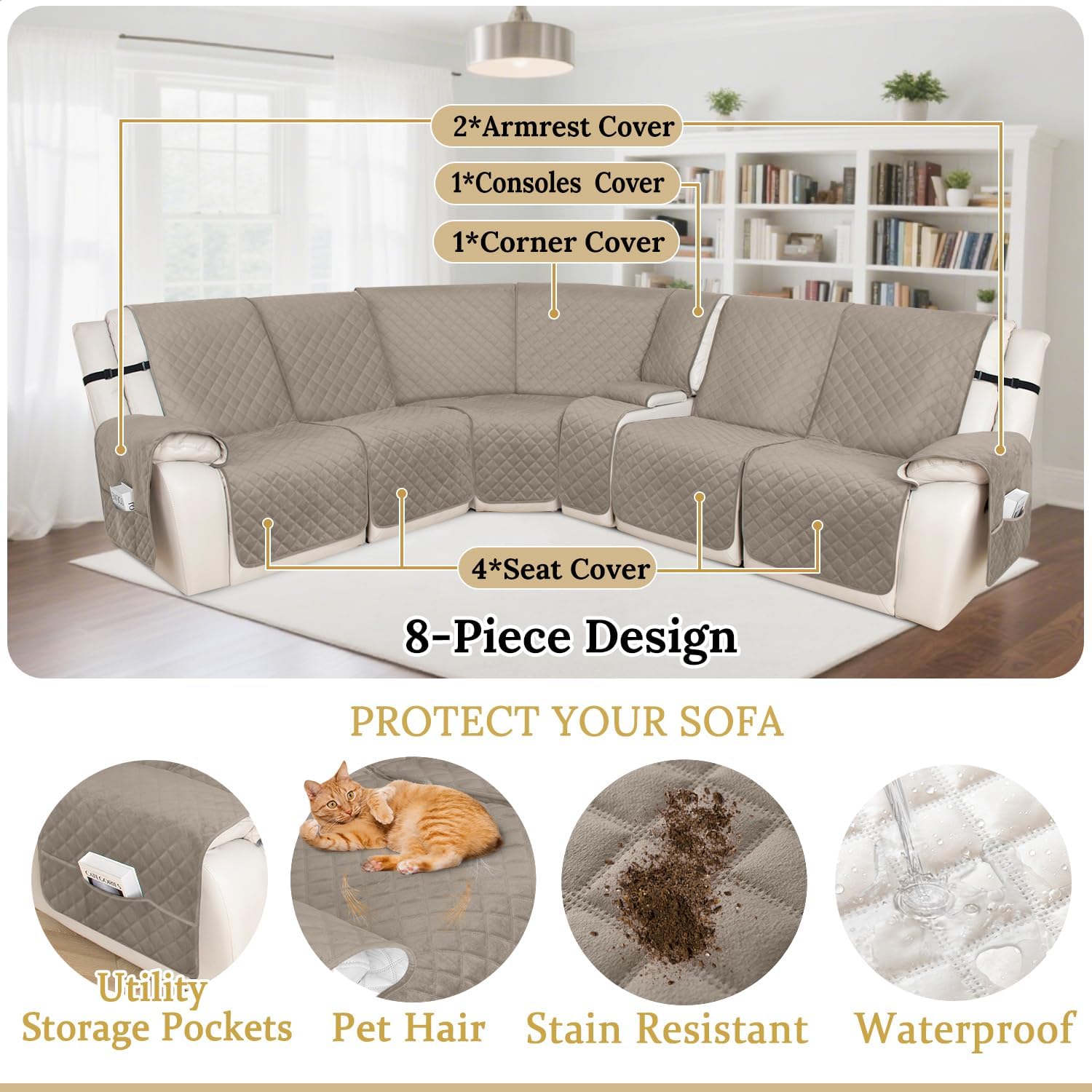 HDCAXKJ 100% Waterproof Recliner Sectional Couch Covers XX-Large L Shaped Corner Reclining Sofa Cover Washable Thick Non Slip Sectional Slipcover with Pockets (XXL 5 Seat and 1 Middle Console, Khaki)