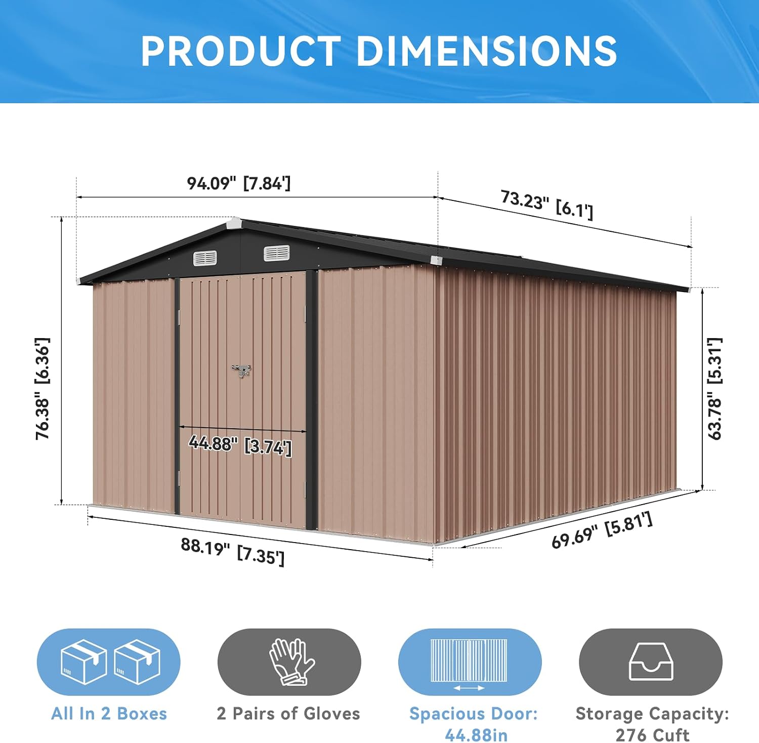 Aoxun 8x6 FT Outdoor Storage Shed - Metal Shed with Lockable Doors & Air Vents, Waterproof Outside Storage Shed for Tool, Garbage Can, Bike, Mower, for Backyard Garden Patio, Brown